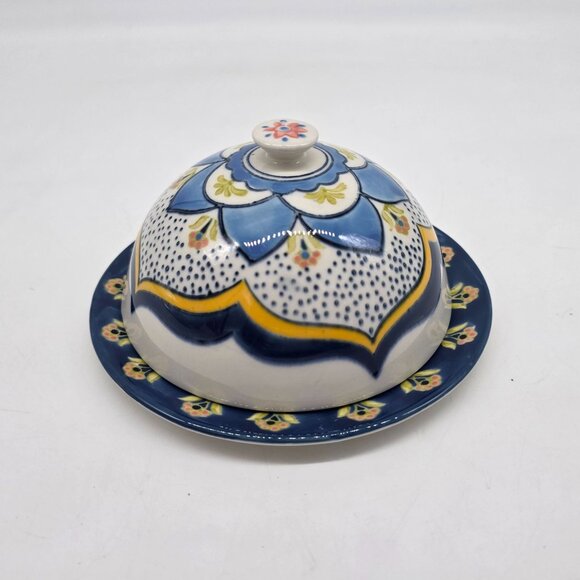 Hand-Painted Ceramic Domed Butter Dish With Lid - Floral Pattern - Blue/White/Ye - Picture 1 of 11